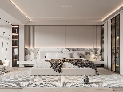 Modern Minimalist Bedroom Interior Design With Marble Headboard Wall Soft Bedding And Plush Rug 3d model