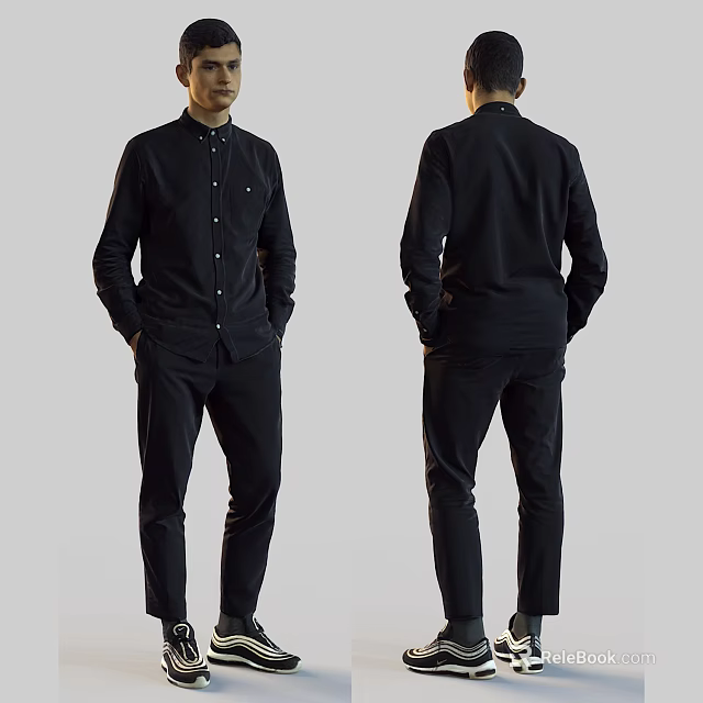 Man Wearing Black Shirt and Pants Front and Back Full Body View 3d model 