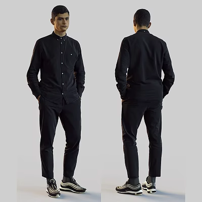Man Wearing Black Shirt and Pants Front and Back Full Body View 3d model