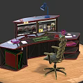 Curved Office Desk With Dual Monitors Desk Lamp Ergonomic Chair And Storage Shelves