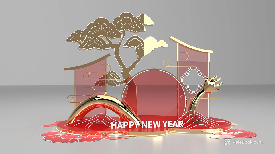 Chinese Style New Year Photo Spot With Golden Red Decorations And Happy New Year Text 3d model 