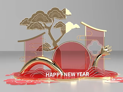 Chinese Style New Year Photo Spot With Golden Red Decorations And Happy New Year Text 3d model