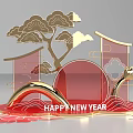 Chinese Style New Year Photo Spot With Golden Red Decorations And Happy New Year Text