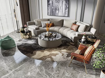 Curved Beige Sofa and Coffee Table Set with Marble Top Decorative Cushions and Patterned Rug 3d model