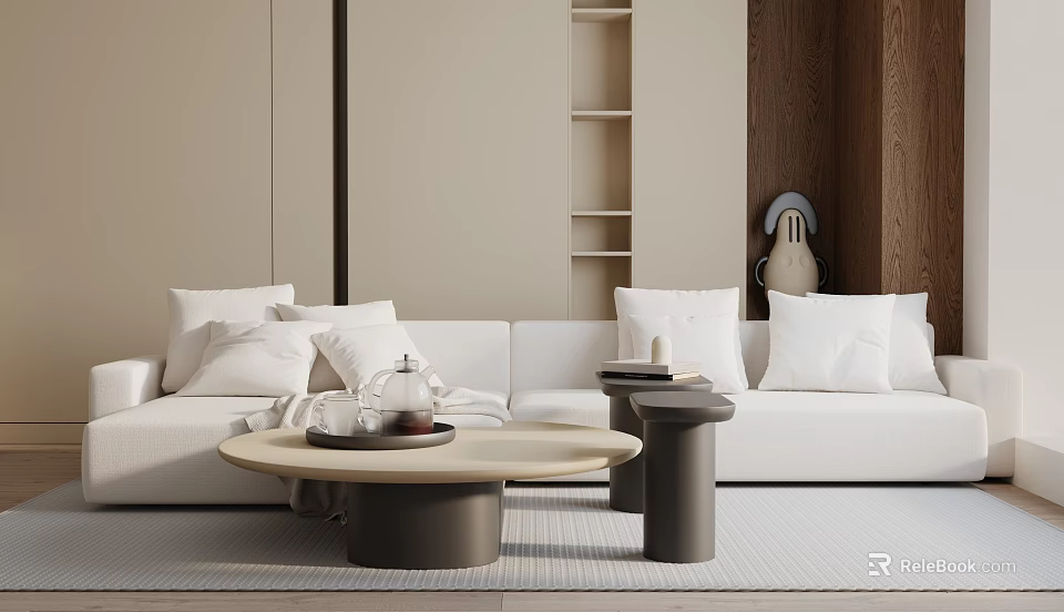 Modern Living Room with White Sofa Throw Pillows Round Coffee Table and Side Table 3d model