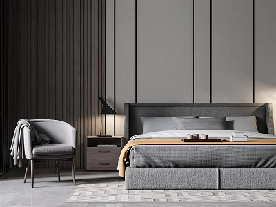 Modern Bedroom Interior With Dark Headboard Bed Nightstand And Accent Chair 3d model