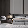Modern Bedroom Interior With Dark Headboard Bed Nightstand And Accent Chair