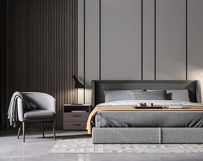 Modern Bedroom Grey Bedroom Double Bed Single Chair 3d model