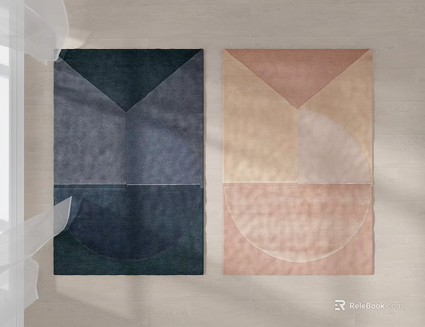 Soft Square Carpets with Dark Blue and Pink Geometric Curved Patterns on Wooden Floor 3d model 