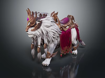 Fantasy Lion Mount Game Character Featuring White Mane Ornate Saddle And Golden Ornaments 3d model