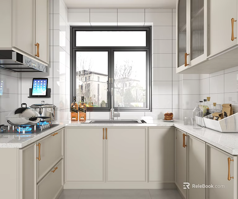 White Kitchen Interior Design With Cabinets Gas Stove And Window 3d model