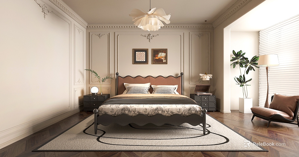 Elegant Modern Bedroom With King Size Bed Nightstands Table Lamps Wall Paneling And Area Rug 3d model 