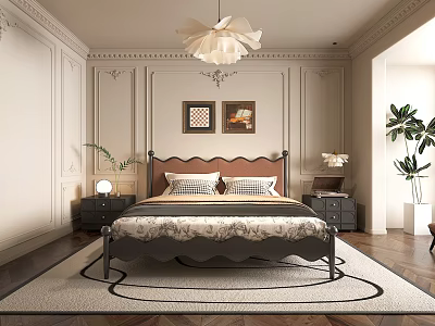 Elegant Modern Bedroom With King Size Bed Nightstands Table Lamps Wall Paneling And Area Rug 3d model