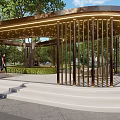 Modern Circular Landscape Pavilion With Illuminated Metal Frame Steps And Greenery Near Modern Building