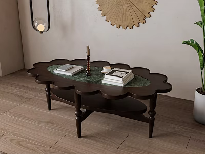 Curved Edge Dark Wooden Coffee Table With Green Marble Top Books And Wall Decor 3d model