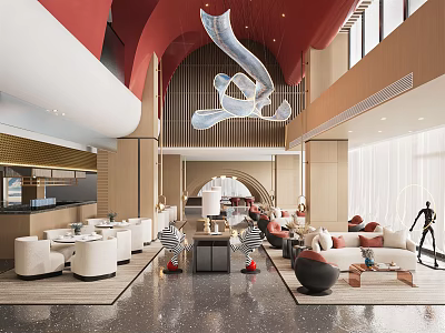 Luxurious Modern Hotel Public Lounge With Comfortable Sofas Artistic Chandelier And Marble Coffee Tables 3d model