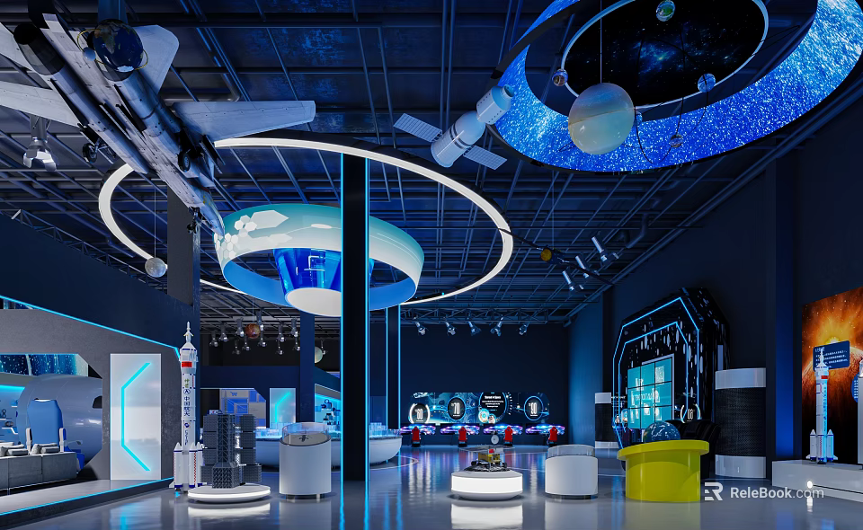 Futuristic Space Themed Exhibition Hall With Rocket Models Starry Ceiling And Interactive Displays 3d model 