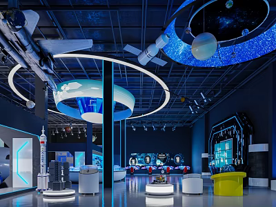 Futuristic Space Themed Exhibition Hall With Rocket Models Starry Ceiling And Interactive Displays 3d model
