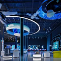 Futuristic Space Themed Exhibition Hall With Rocket Models Starry Ceiling And Interactive Displays 3d model