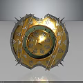 Ornate Golden Shield with Green Center Decorative Patterns Riveted Edges and Spikes