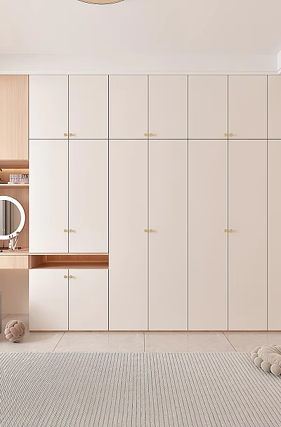 Modern Beige Wardrobe With Gold Handles Dressing Table Mirror Window Bench And Gray Rug 3d model