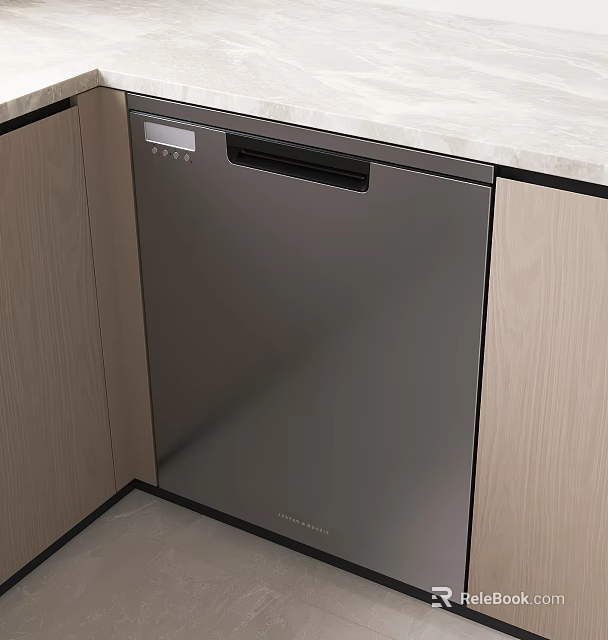 Modern Kitchen With Built In Dishwasher Sleek Design Marble Countertop And Wooden Cabinets 3d model 