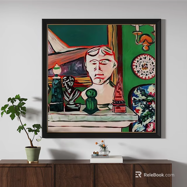 Oil Painting Featuring Abstract Portrait And Still Life With Green Red Background 3d model 