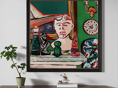 Oil Painting Featuring Abstract Portrait And Still Life With Green Red Background 3d model