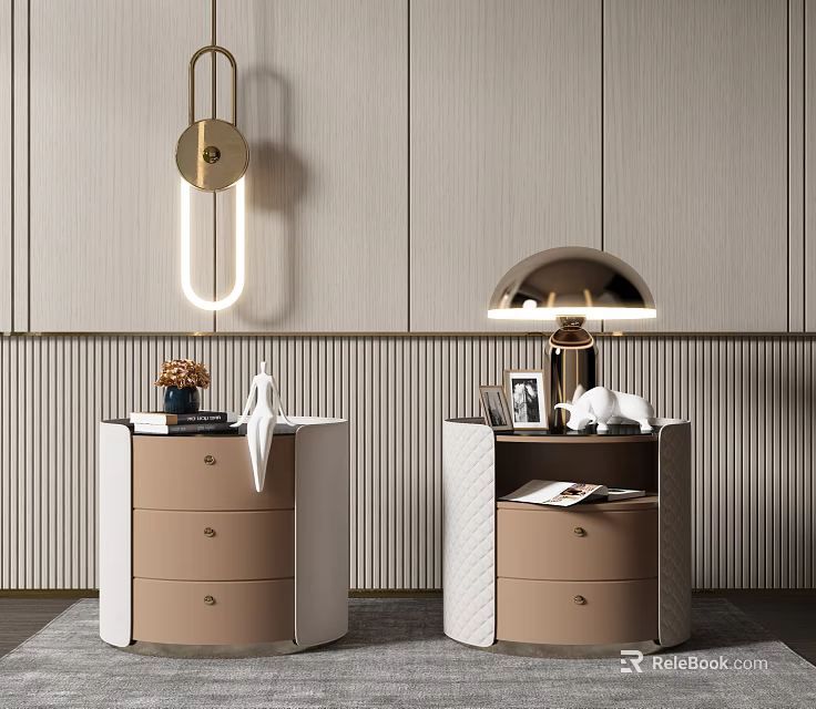 Modern Beige And White Bedside Tables With Marble Tops Lamps And Decorative Items 3d model 