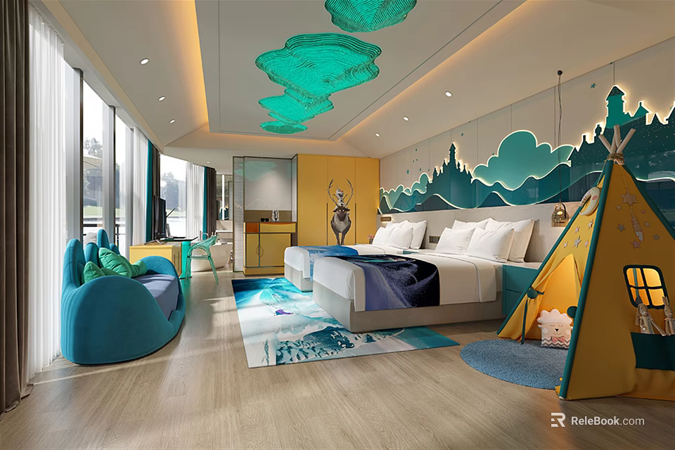 Hotel Guest Room With Green Cloud Ceiling Decor Blue Mountain Wallpaper And Children's Tent 3d model 
