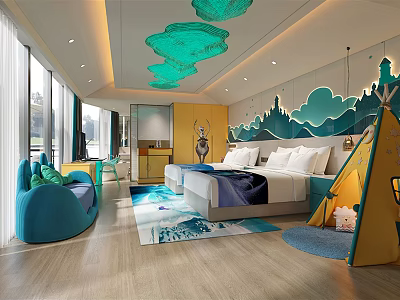 Hotel Guest Room With Green Cloud Ceiling Decor Blue Mountain Wallpaper And Children's Tent 3d model