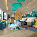 Hotel Guest Room With Green Cloud Ceiling Decor Blue Mountain Wallpaper And Children's Tent