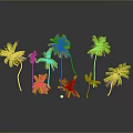 Green Palm Trees With Lush Leaves In Various Heights On Dark Background With Reflections