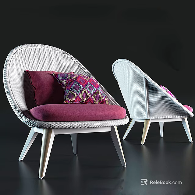 Modern White Rattan Lounge Chair With Purple Cushion And Colorful Patterned Pillow 3d model 