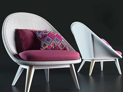 Modern White Rattan Lounge Chair With Purple Cushion And Colorful Patterned Pillow 3d model