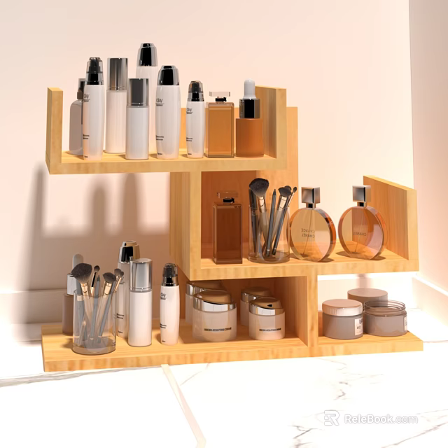 Wooden Dressing Table With Multi Tier Shelf Holding Cosmetics Jars And Makeup Brushes 3d model 
