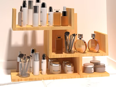 Wooden Dressing Table With Multi Tier Shelf Holding Cosmetics Jars And Makeup Brushes 3d model