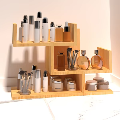 Wooden Dressing Table With Multi Tier Shelf Holding Cosmetics Jars And Makeup Brushes 3d model