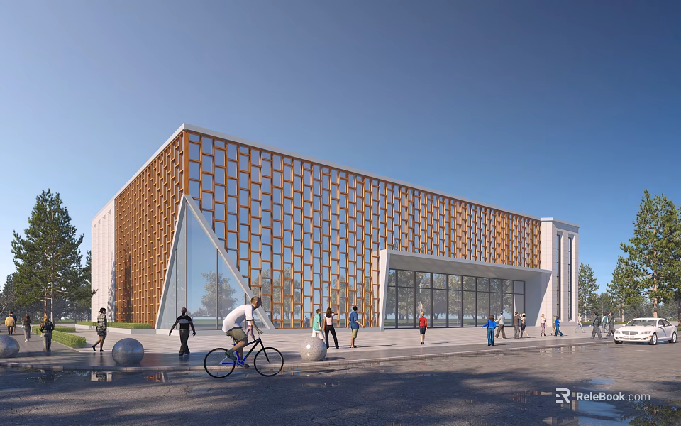 Modern Building With Orange Geometric Facade Glass Windows Pedestrians Cyclists Trees And Road 3d model 