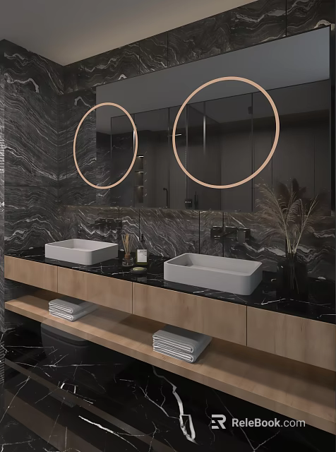 Modern Bathroom Vanity With Double White Sinks Round Mirrors Ring Lights And Wooden Cabinets 3d model 