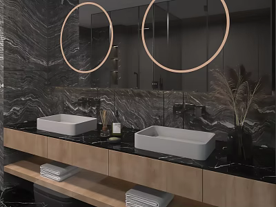 Modern Bathroom Vanity With Double White Sinks Round Mirrors Ring Lights And Wooden Cabinets 3d model