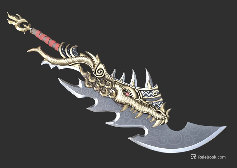 Ornate Traditional Weapon With Golden Dragon Decoration Red Hilt And Sharp Floral Patterned Blade 3d model 