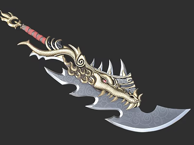 Ornate Traditional Weapon With Golden Dragon Decoration Red Hilt And Sharp Floral Patterned Blade 3d model