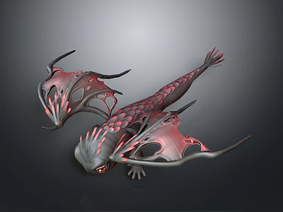 Flying Fantasy Mythical Creature 3D Model With Glowing Red Scales And Wings 3d model