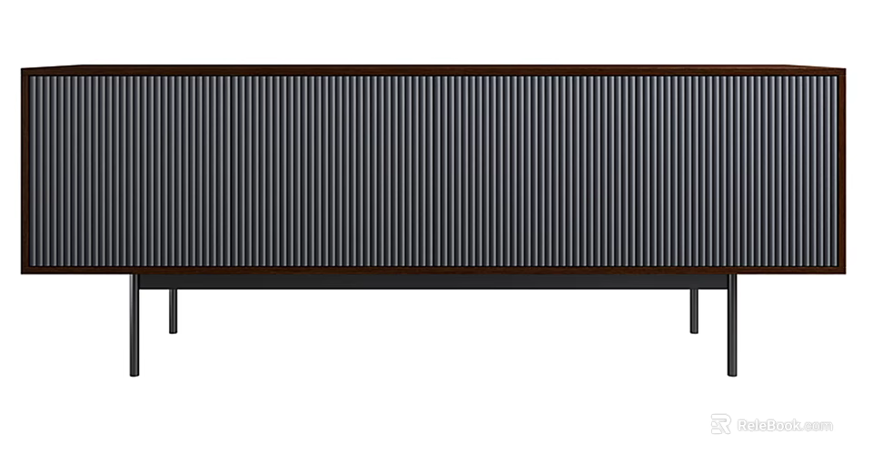 Modern Dark TV Stand With Vertical Striped Panel And Slim Black Legs 3d model 