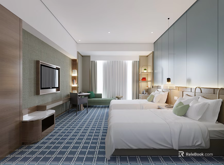 Modern Hotel Guest Room With Twin Beds TV Sofa And Blue White Checkered Carpet 3d model 