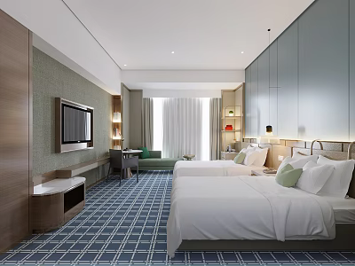Modern Hotel Guest Room With Twin Beds TV Sofa And Blue White Checkered Carpet 3d model