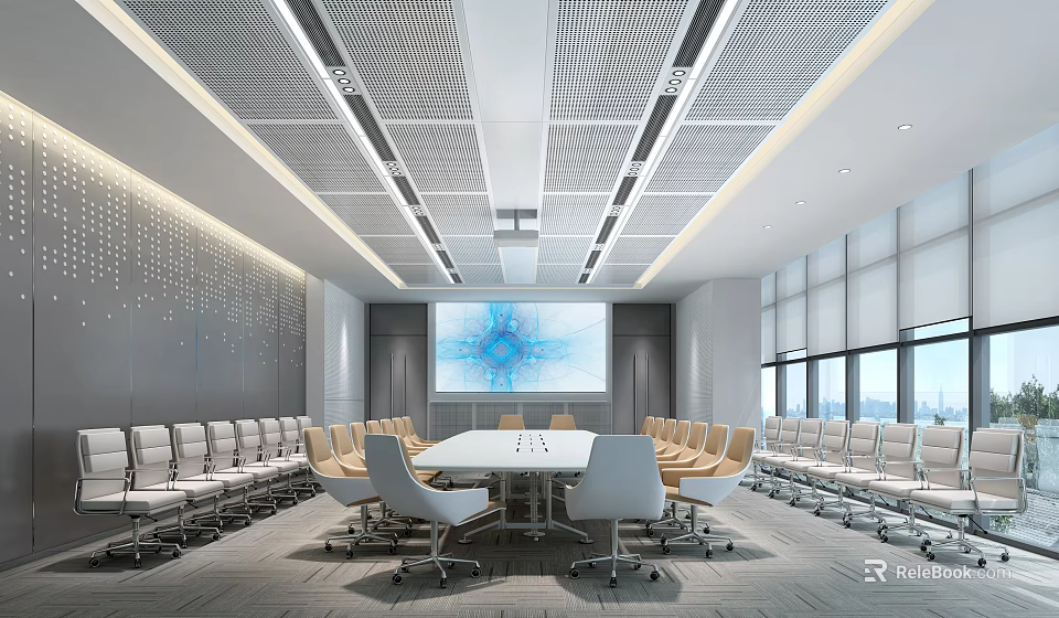 Modern Conference Room Interior With Large Screen White Table Beige Chairs And Windows 3d model 