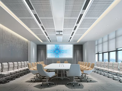 Modern Conference Room Interior With Large Screen White Table Beige Chairs And Windows 3d model