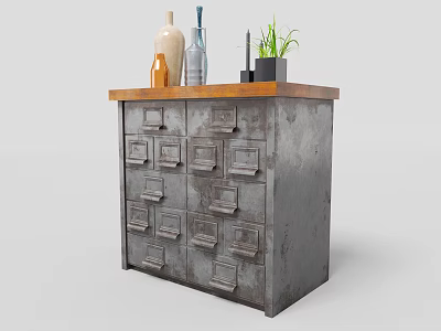 Metal Entryway Console Cabinet Featuring Multiple Drawers Wooden Top And Decorative Vases Potted Plant 3d model